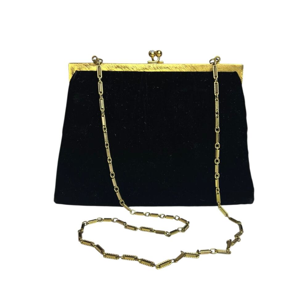 Vintage MM Morris Moskowitz Black Velvet Clutch Gold Chain Evening Bag